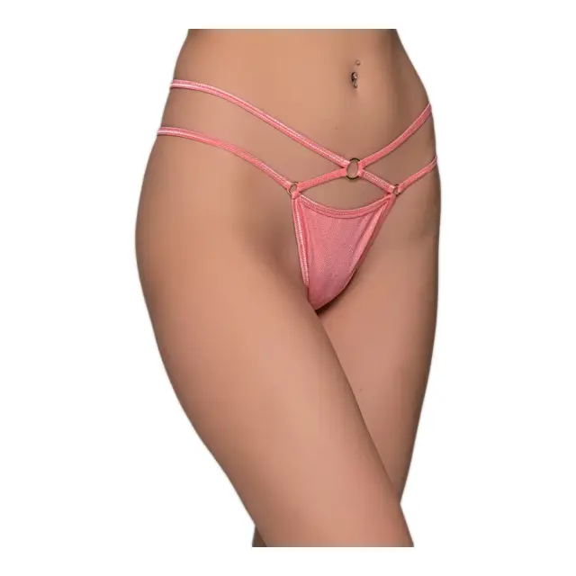 Milena Γυναικείο Micro G-String Γυαλιστερό με Διπλά Λάστιχα & Κρικάκια, Χρώμα Κοραλί