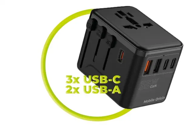 Mobile Origin GaN 35W Travel Adapter PW4 EU/UK/US/AUS, 3x USB-C + 2x USB-A 3