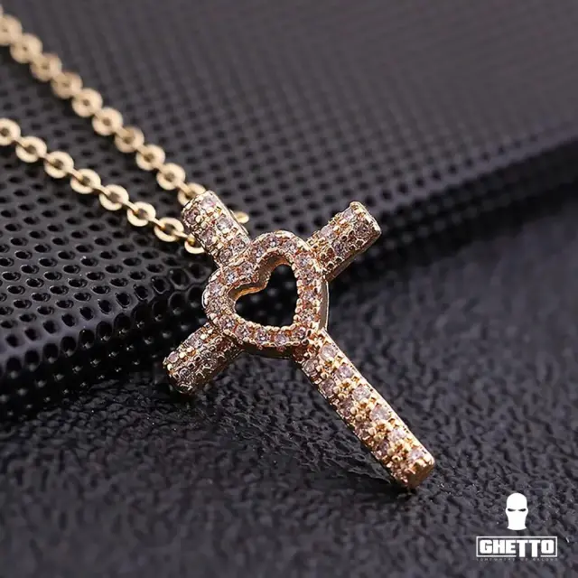 Ghetto CZ Cross 18k Pendant Necklace Full Diamond Hollow Heart 2