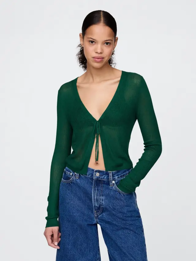 Διάφανη Rib Cropped Tie-Front Ζακέτα Rain forest green