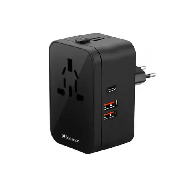 Lamtech LAM112808 Universal Power Travel Adapter - 2x USB-A, 1x USB-C, 20W - Black