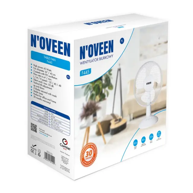 Ανεμιστήρας Επιτραπέζιος N'oveen F445 45W Διαμέτρου 40cm με 3 Ταχύτητες Λευκός 2