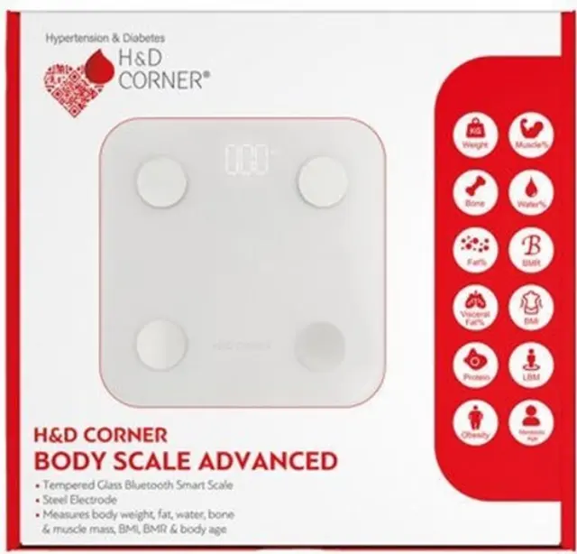 H&D Corner | Body Scale Advanced | Ζυγαριά για Μέτρηση Σωματικού Λίπους με Γυαλί Λευκό | 1 Τεμάχιο