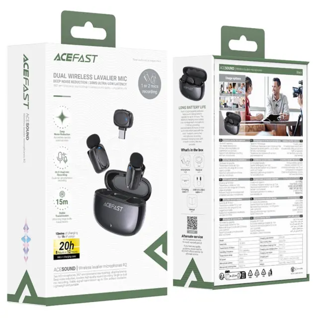Σετ 2 Μικρόφωνα Πέτου Lavalier Acefast R2 HD Μείωση Θορύβου, Ακτίνα 15m και 20hr Διάρκεια Μπαταρίας με USB-C Transmitter και Θήκη Φόρτισης Μαύρο 2
