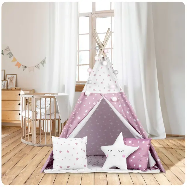 Nukido Παιδική σκηνή Teepee με γιρλάντα και φως "Αστεράκια"σε ροζ χρώμα 120x120x165cm 2