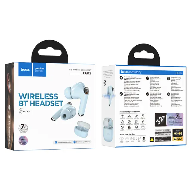Wireless Hands Free Hoco EQ12 Rima TWS V5.3 350mAh 7 Ώρες Λειτουργίας με Πλήκτρο Ελέγχου και Συμβατό με Siri Μπλε 2