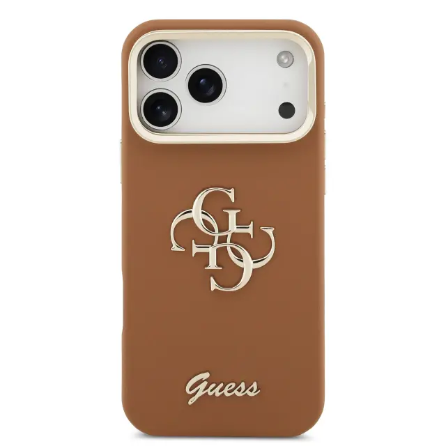 Guess PU Grained 4G Logo Stand Camera Frame Case for iPhone 17 Pro Max Brown 3