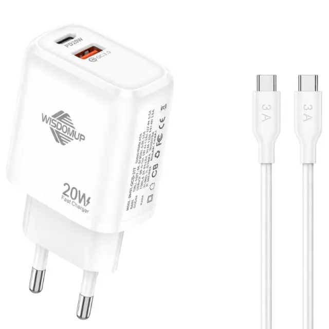 Wisdomup Φορτιστής Κινητού USB-C και USB με Καλώδιο Type-C σε Type-C 20W OCD-31T - Fast Charger with Type-C to Type-C Cable 121229 2