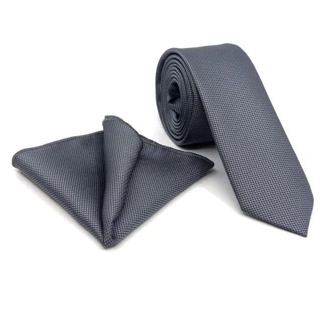 Γκρι Σκούρο Anthracite Γραβάτα Oxford 6,5 cm με Ασορτί Μαντήλι 3