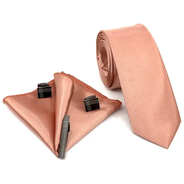 Σωμόν Dark Salmon Γραβάτα Σατέν Ματ 6,5 cm με Ασορτί Μαντήλι