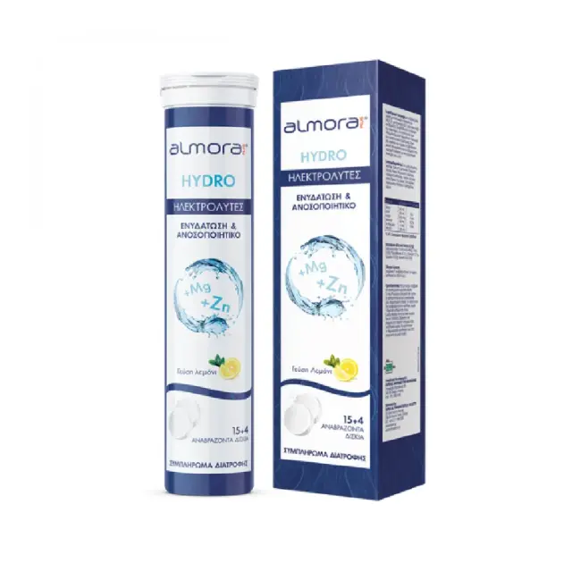 Elpen Almora PLUS® Hydro Συμπλήρωμα Διατροφής με συνδυασμό Ηλεκτρολυτών (Na, K, Cl), Ψευδαργύρου (Zn), Μαγνησίου (Mg) και Δεξτρόζης με Γεύση Λεμόνι, 20 αναβράζοντα δισκία