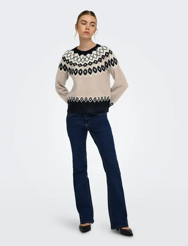 Only Onlrusty Πλεκτή Μπλούζα Fair Isle με Μακριά Μανίκια και Στρογγυλή Λαιμόκοψη Μαύρο 3