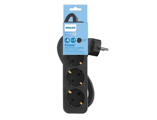 Πολύπριζο Philips - 3x Schuko - Με Διακόπτη On/Off - Παιδική Προστασία - Καλώδιο 1.5m - Μαύρο1150102-0026 2