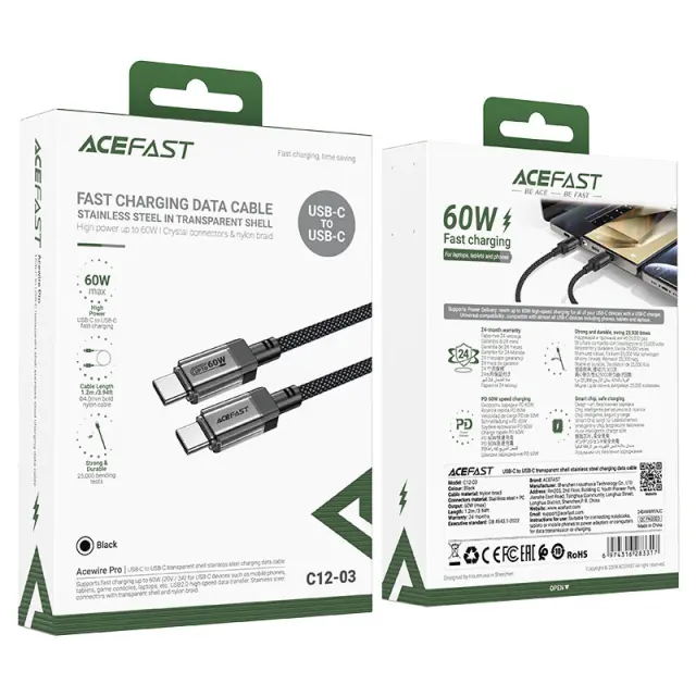 Καλώδιο Acefast C12-03 USB-C σε USB-C PD60W 3A Braided Μαύρο 1.2m 2