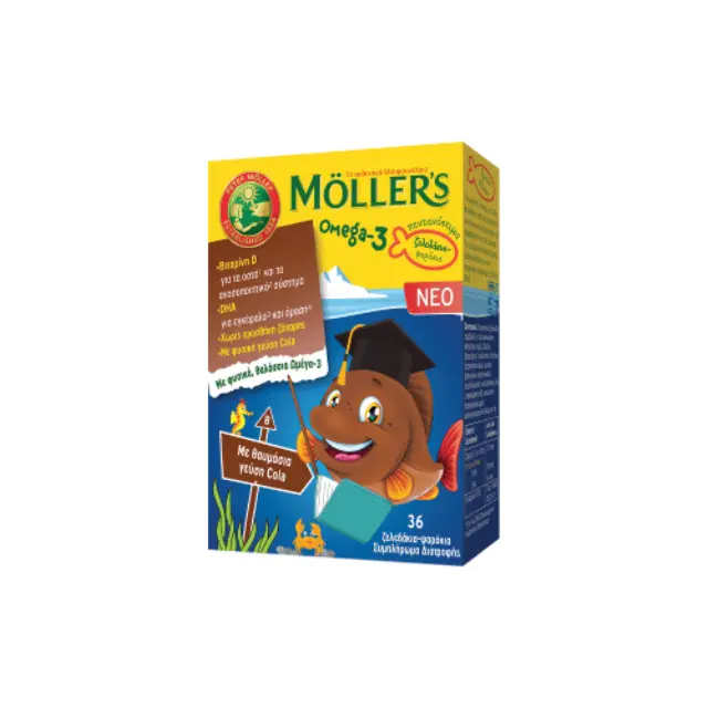 Möller’s Omega-3 Ζελεδάκια Ψαράκια για Παιδιά με Βιταμίνη D3 Χωρίς Ζάχαρη, Γεύση Cola, 36 Ζελεδάκια