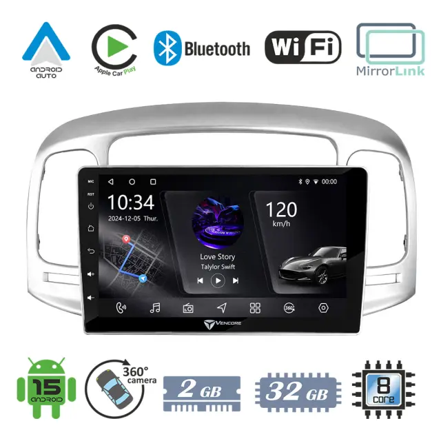 VenCore Οθόνη Multimedia Android 15 9" PX5S Octa-Core 2GB/32GB IPS με Πρόσοψη, CarPlay, Android Auto και Υποστήριξη Κάμερας 360° για Hyundai Accent 2006-2011 – Ασημί (3236-10005-0711S)