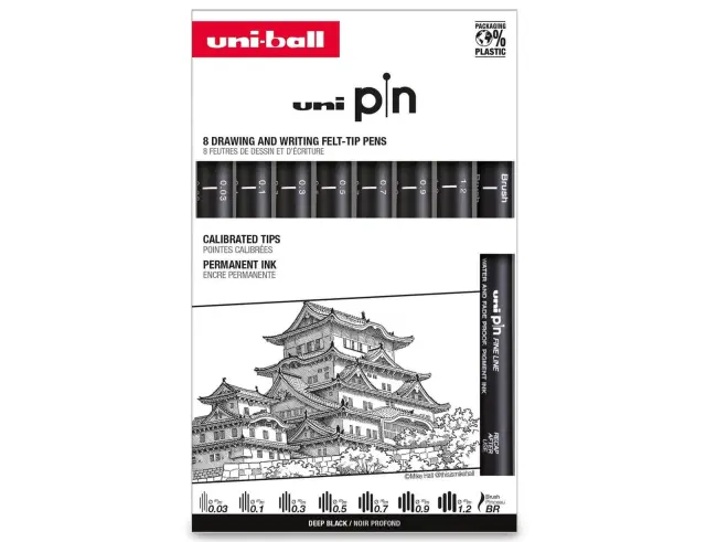 Μαρκαδόροι Σχεδίου Uni-pin με πάχος μύτης 0.03/0.1/0.3/0.5/0.7/0.9/1.2mm/BR - 8 τεμάχιαPIN-200 8P ASP010