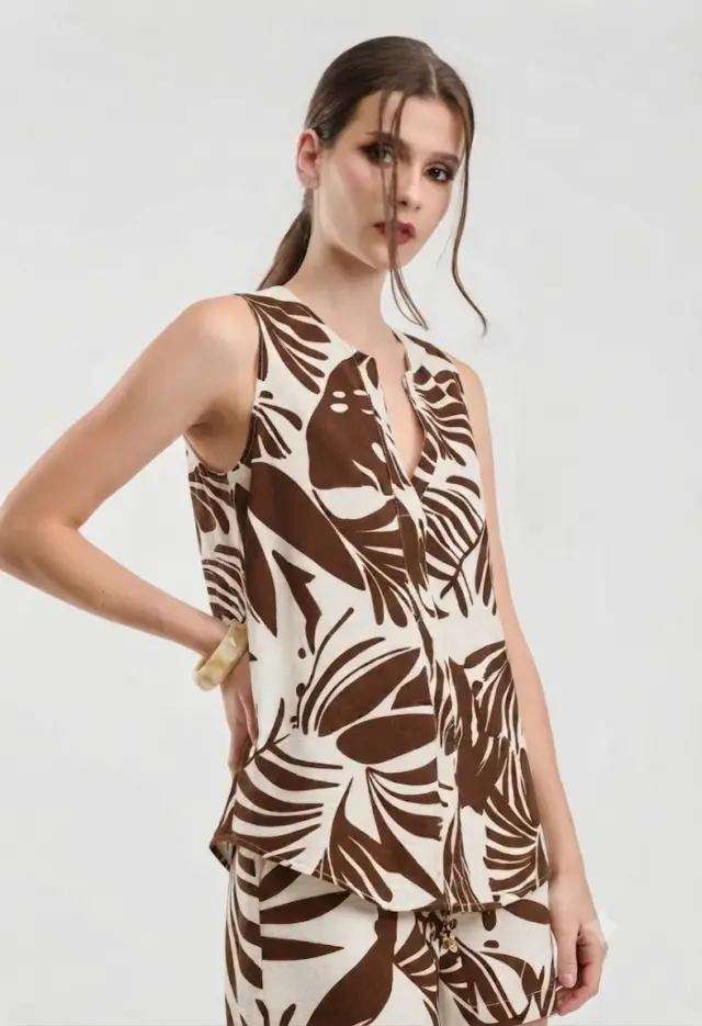 DESIREE Μπλούζα Αμάνικη με Μπεζ Tropical Print Μπεζ - XL