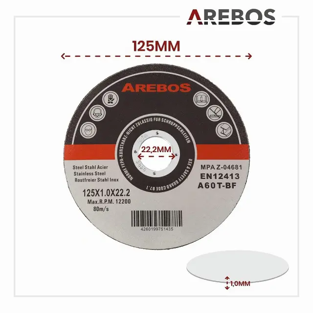 Δίσκοι Κοπής Arebos 125 mm για Μέταλλο & Ανοξείδωτο Χάλυβα (Σετ 10 Τεμαχίων) – Πάχος 1 mm, MPA Certified 3