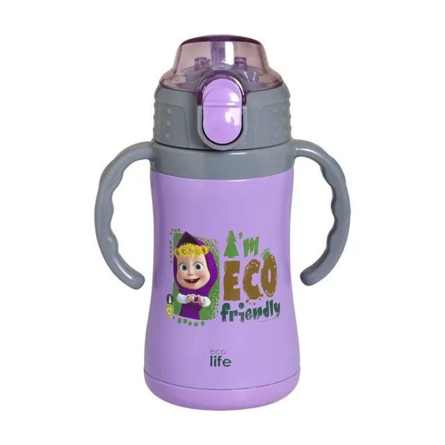 Ecolife Παιδικό Παγούρι Θερμός Ανοξείδωτο με Καλαμάκι 'Masha -Eco Friendly' 300ml Λιλά