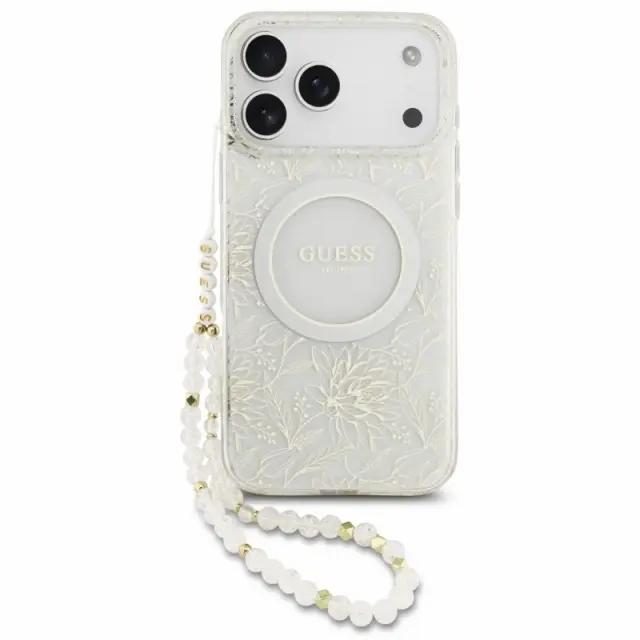 Θήκη PU/ Silicon Guess Apple iPhone 18 Pro Max/ 17 Pro Max Magsafe IML Flowers με Pearl Strap Λευκό N71754