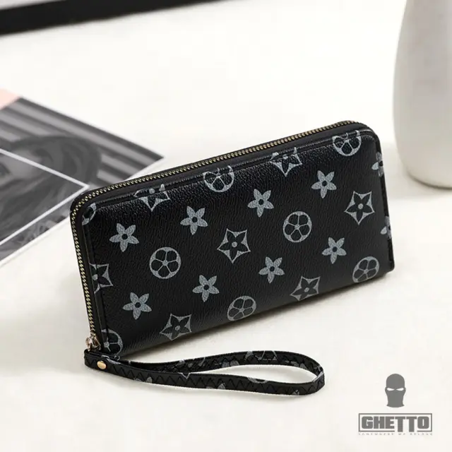 Ghetto Leather Zip Around Wallet with Wrist Strap | Large Capacity Organizer Wallet Black