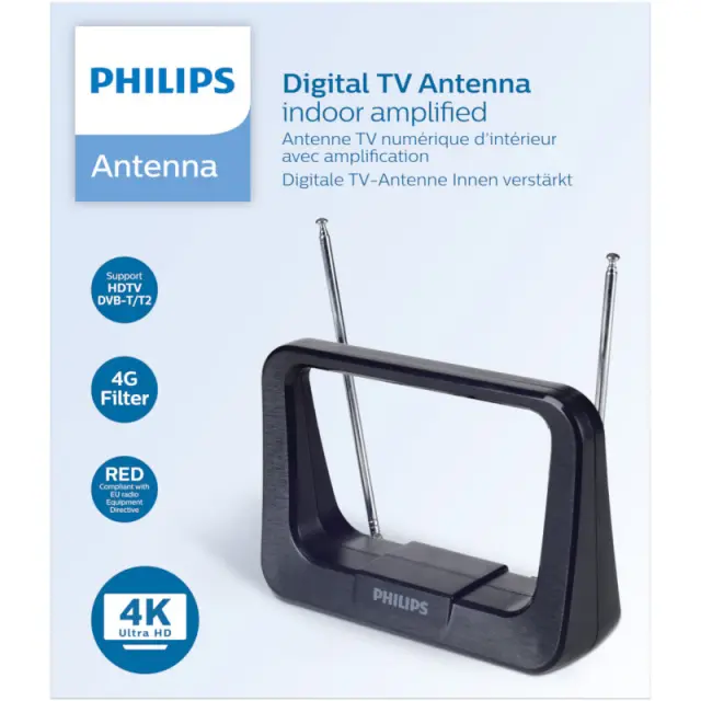 Κεραία Τηλεόρασης HDTV/4K/UHF/VHF/FM Εσωτερικού Χώρου Με Ενισχυτή 28dB Και Φίλτρο GSM 17x12cm PHILIPS SDV1226/GRS 2