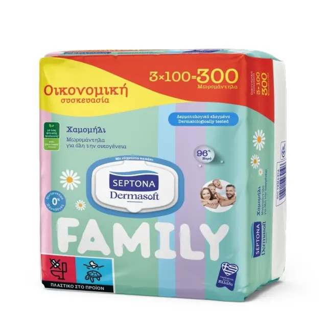 Septona Dermasoft Chamomille Family Μωρομάντηλα χωρίς Οινόπνευμα & Parabens με Χαμομήλι (με καπάκι)3x100τμχ
