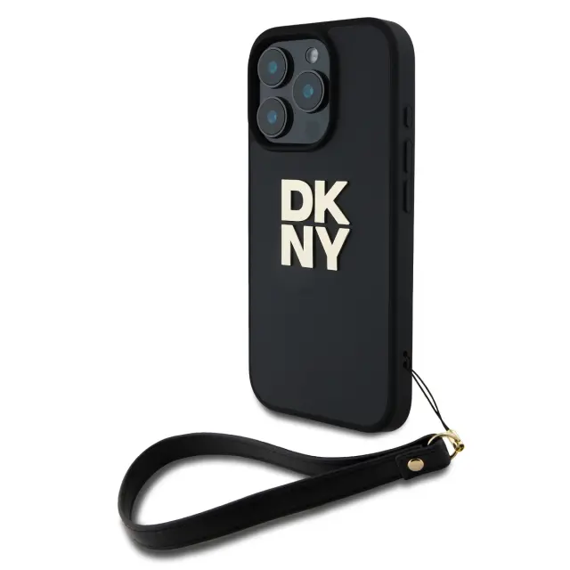 DKNY PU Leather Stack Logo Wrist Strap Case for iPhone 16 Pro Max Black 2