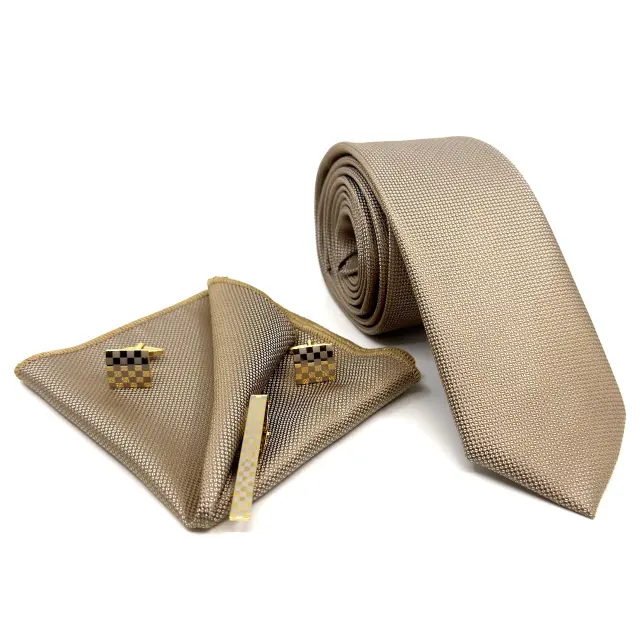 Μπεζ Beige Γραβάτα Oxford 6,5 cm με Ασορτί Μαντήλι