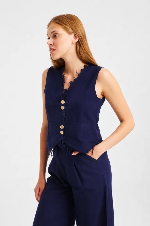 Λινό Γιλέκο με Ξέφτια και Κουμπιά SHONA VEST - XS 2