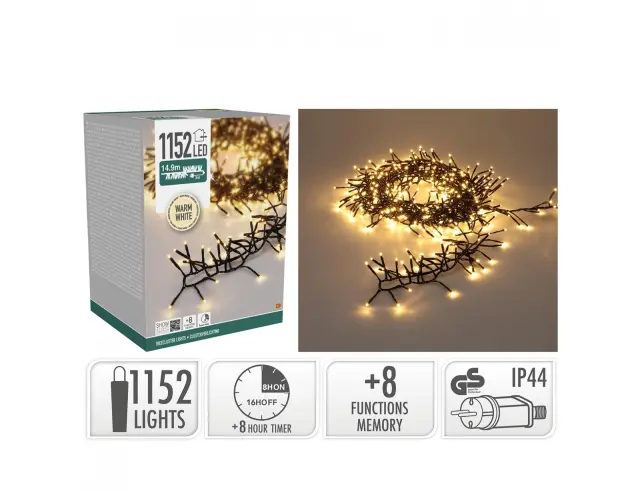 1152 Φωτάκια LED - 14.9 Μέτρα + 3 Μέτρα σύνδεσης, Πυκνή Διάταξη, με 8 προγράμματα, Μαύρο καλώδιο PVC - Θερμό λευκό AX9560150 2