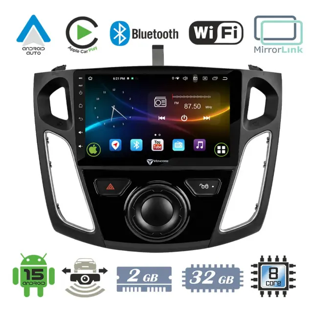 VenCore Οθόνη Multimedia Android 15 9" 9109A MTK6762 Octa-Core 2GB/32GB IPS με Πρόσοψη, CarPlay, Android Auto και Υποστήριξη Κάμερας Οπισθοπορείας AHD για Ford Focus 2012-2018 – Μαύρη (3236-10007-0044B)