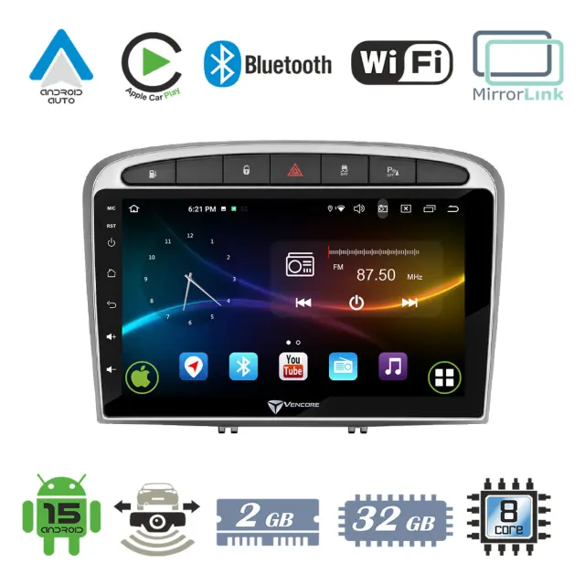 VenCore Οθόνη Multimedia Android 15 9" 9109A MTK6762 Octa-Core 2GB/32GB IPS με Πρόσοψη, CarPlay, Android Auto και Υποστήριξη Κάμερας Οπισθοπορείας AHD για Peugeot RCZ 2009-2015 – Ασημί (3236-10007-0705S1)
