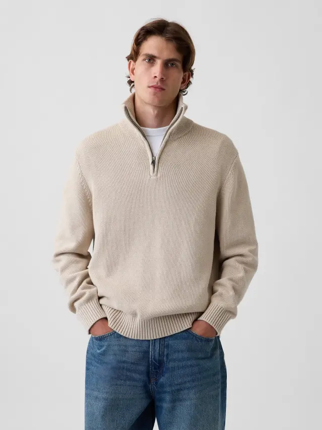 Ανδρικό Πουλόβερ Quarter-Zip Χαλαρής Γραμμής Cobblestone beige