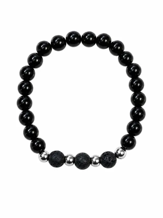 Black Beads + Lava Stone Elastic Bracelet – One Size | GHETTO GREECE