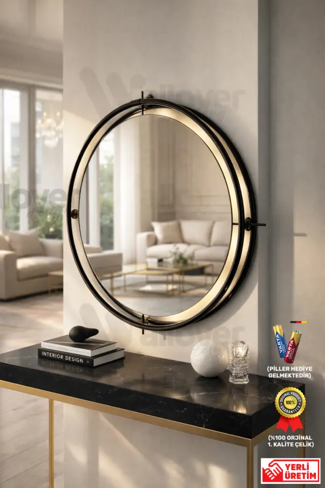 Stewehome Διακοσμητικός οβάλ καθρέφτης τοίχου με LED φωτισμό και μεταλλικό πλαίσιο Μαύρο 55x55 cm