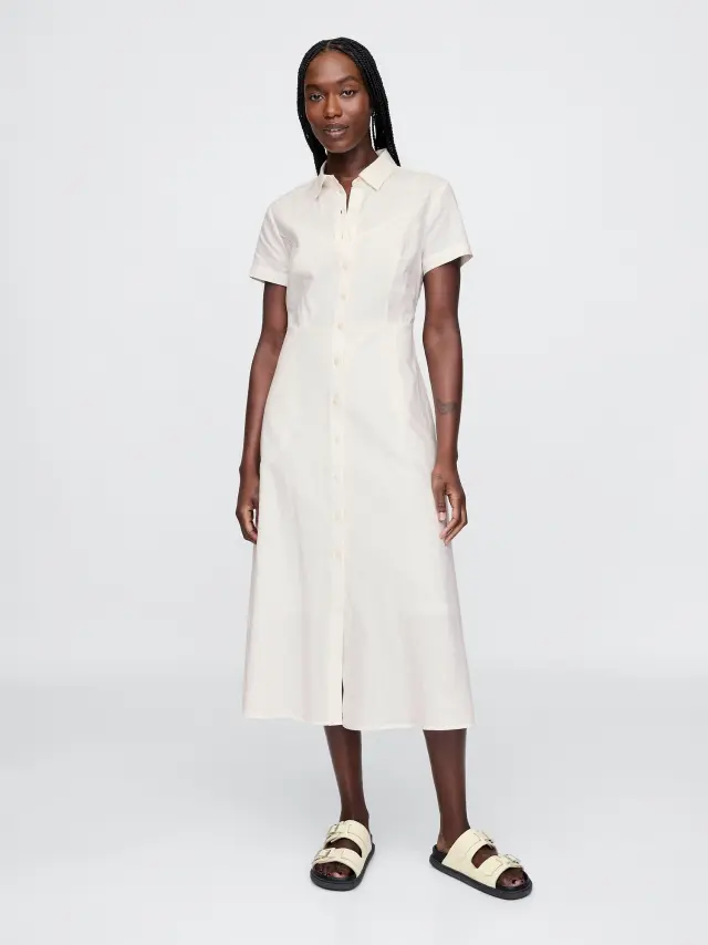 Λινή-Μίξη Maxi Πουκάμισο-Φόρεμα new off white - XS