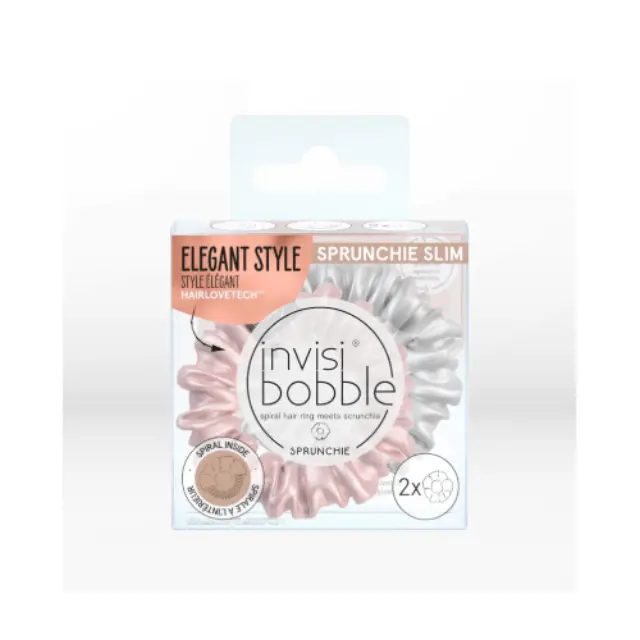 Invisibobble Slim Sprunchie Bella Chrome Λαστιχάκι Υφασμάτινης Υφής Ροζ & Ασημί, 2τμχ