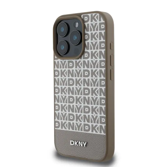 DKNY PU Leather Repeat Pattern Bottom Stripe MagSafe Case for iPhone 16 Pro Max Brown 3