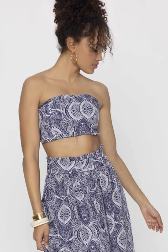 Strapless Τοπ από Τυπωμένο Λινό με Βολάν και Δέσιμο στην Πλάτη SUKI - XL 2