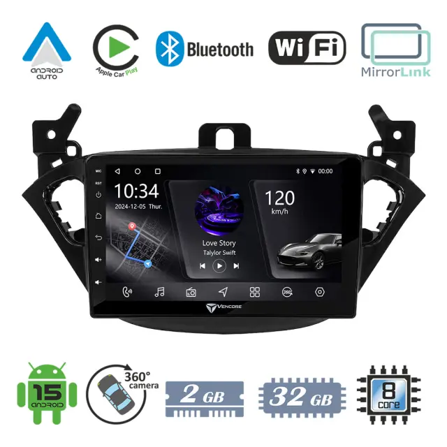 VenCore Οθόνη Multimedia Android 15 9" PX5S Octa-Core 2GB/32GB IPS με Πρόσοψη, CarPlay, Android Auto και Υποστήριξη Κάμερας 360° για Opel Corsa E 2015-2018 – Μαύρη (3236-10005-0425B)