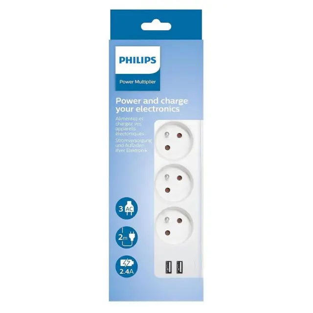 Πολύπριζο Philips SPN3032WA/19 με 3 Θύρες Εισαγωγής Σούκο Διακόπτη On/Off και 2 Θύρες USB Καλώδιο 2m Λευκό 2
