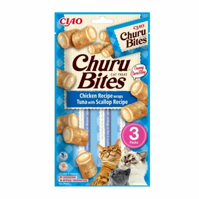 Ciao Churu Bites Λιχουδιά σε Ρολάκια με Γεύση Κοτόπουλο, Τόνο & Χτένια για Γάτες (3x10gr) Μονόχρωμο