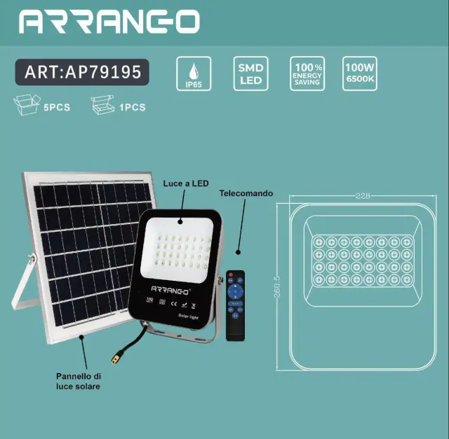 Arrango Στεγανό Ηλιακό Φωτιστικό Δρόμου 100W IP65 με Ανιχνευτή Κίνησης σε Μαύρο Χρώμα AP79195 2
