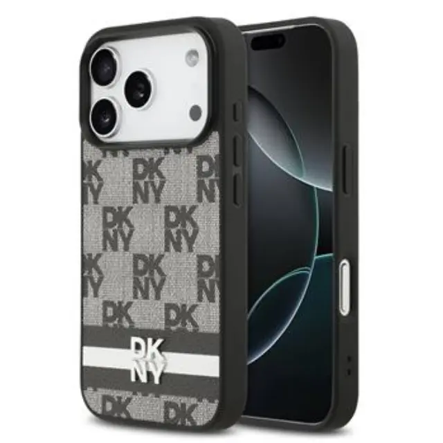 DKNY PU Leather Checkered Pattern and Stripe Case for iPhone 17 Pro Black