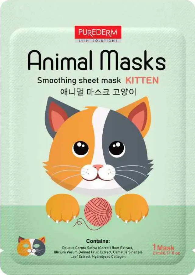 Purederm Animal Mask Kitten Smoothing Sheet Mask Μάσκα Προσώπου Για Λείανση 21ml