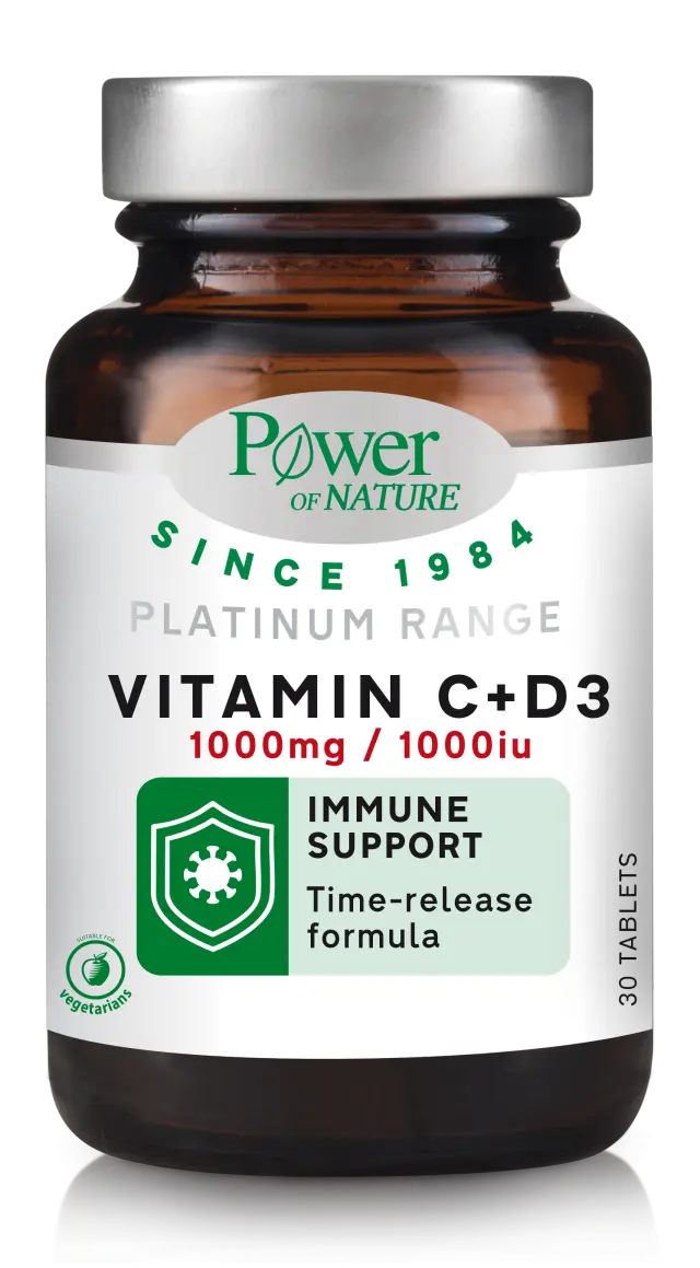 Power Of Nature Platinum Range Vitamin C+D3 Βιταμίνη για Ενέργεια + Ανοσοποιητικό 1000iu 1000mg 30 ταμπλέτες