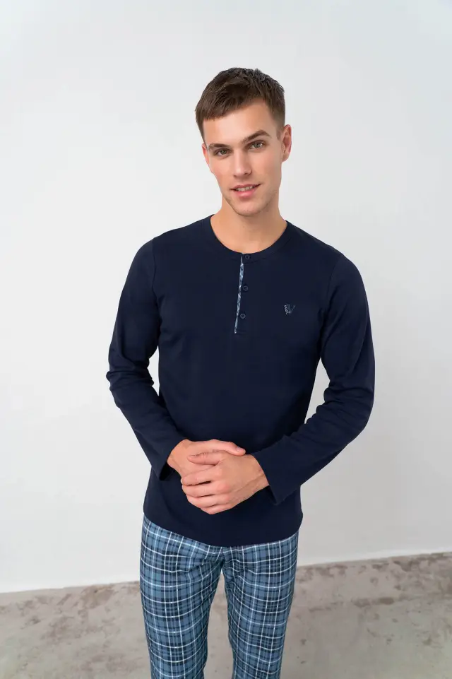 Uomo Di Vamp Ανδρική Πυτζάμα Με Κουμπιά Μπλε/Καρό +Plus Sizes - 4XL 2