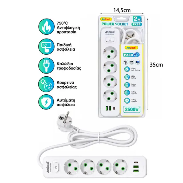 Andowl Πολύπριζο 4 Θέσεων με 2 USB, 1 Type-C, Καλώδιο 2m & Διακόπτη 2500W PX8B – 4-Way Power Strip 0751303 3